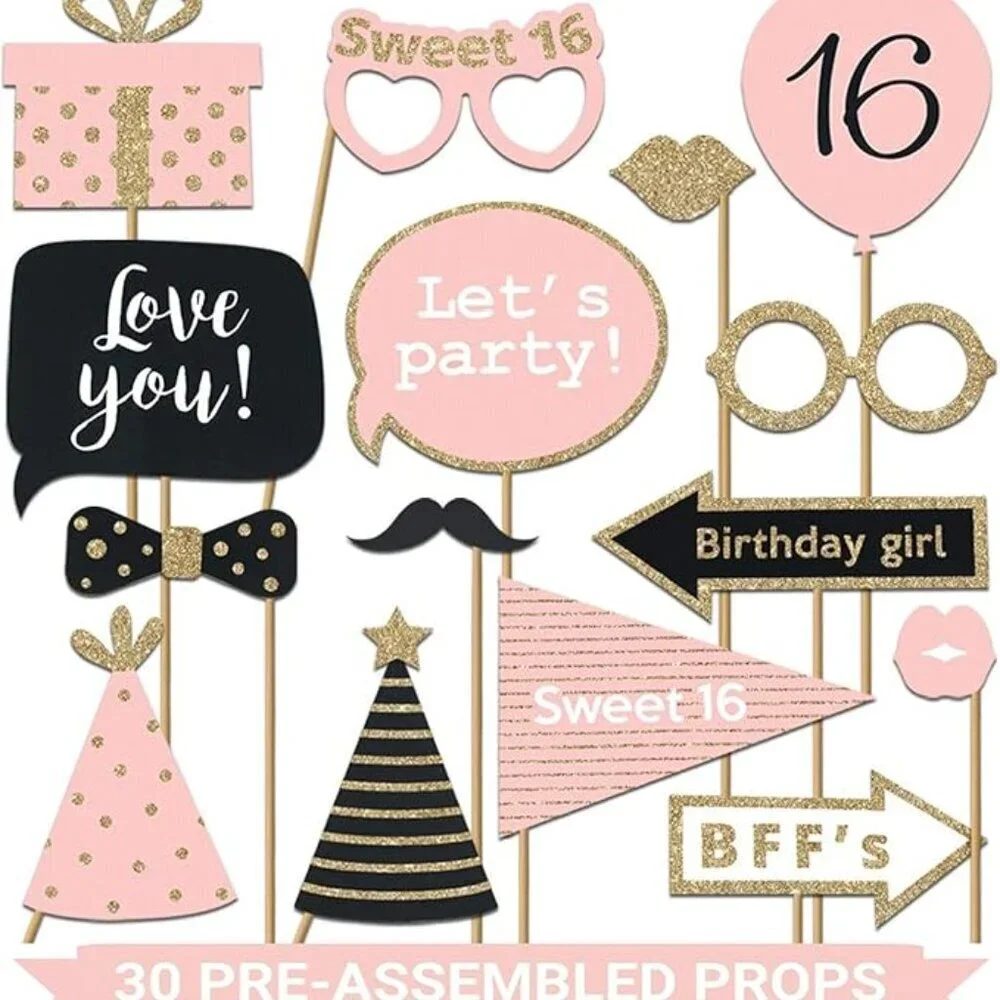 30 Fully Assembled Sweet 16 Birthday Photo Booth Props - Pink & Gold Selfie sign